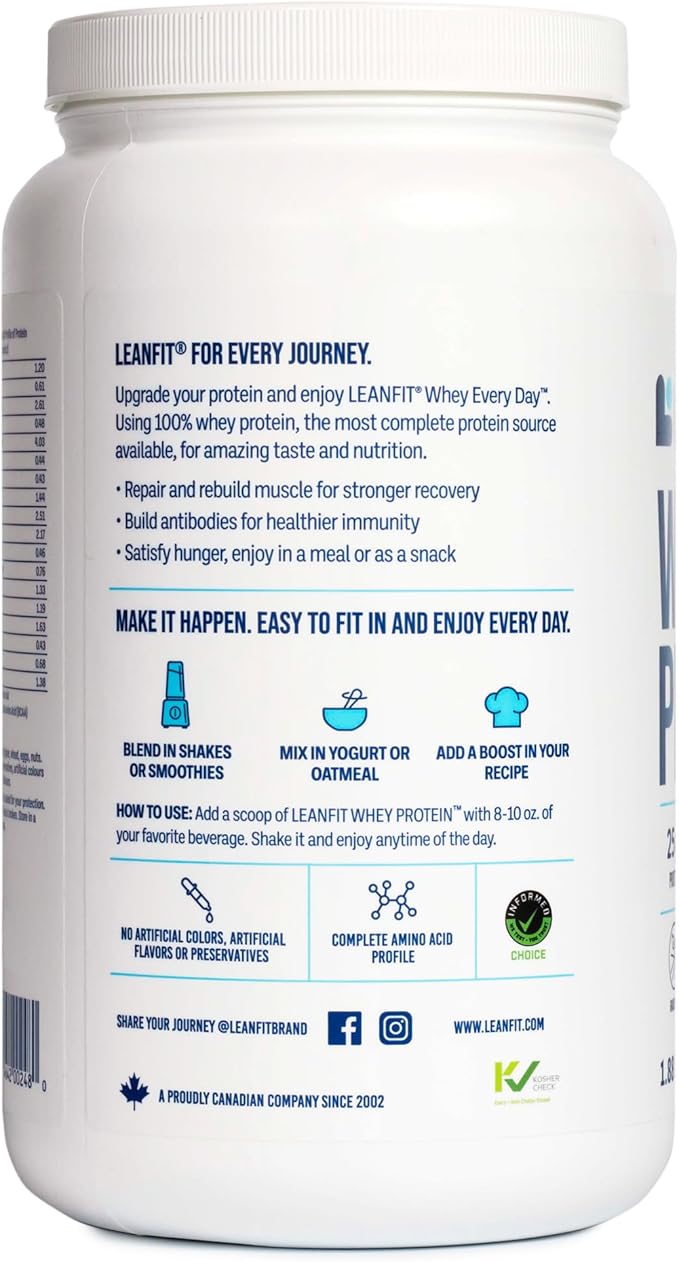 LeanFit WHEY Protein Cookies & Cream - 100% Whey Protein Powder, 25g Protein Per Serving - Grass-Fed, Gluten-Free, BCAAs, Amino Acid - 26 Servings, 1.88 lb Tub