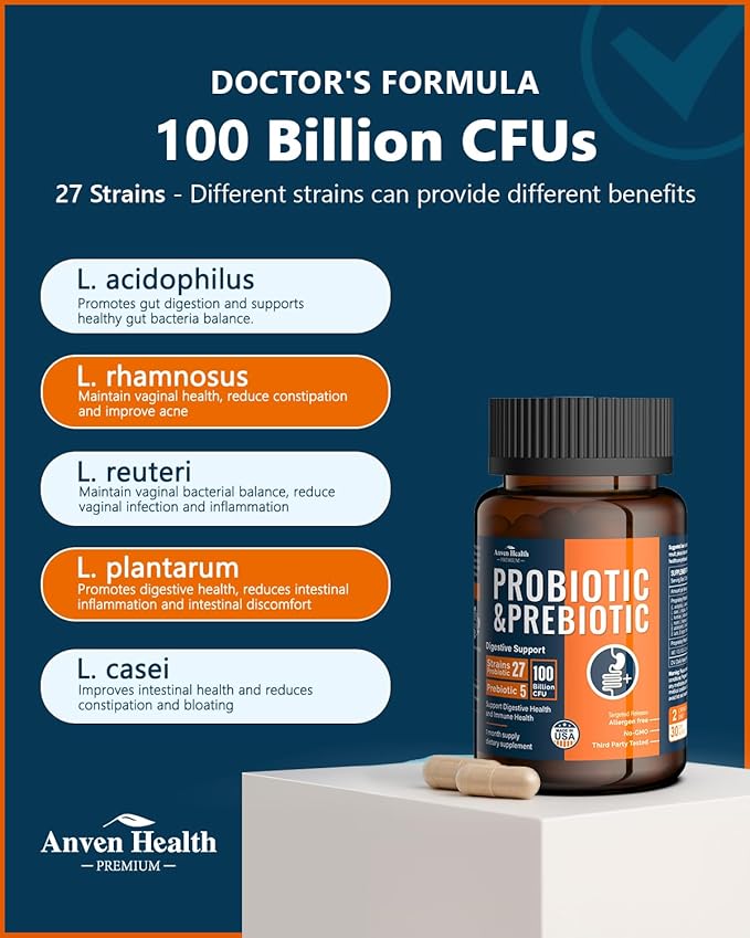 100 Billion Probiotics for Men and Women 27 Strains 5 Organic Prebiotics for Gut Digestive & Immune Health, Supports Diarrhea Gas Bloating, Non-GMO, Zero Fillers – Made in USA丨120 Caps