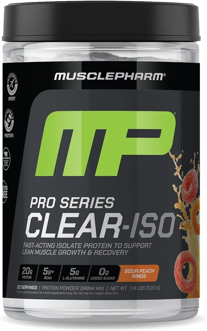 MusclePharm Pro Series Clear-ISO, Clear Protein Powder, 20g Fast-Acting Whey Isolate per Serving Plus BCAAs & L Glutamine | Pro-Grade Muscle Recovery & Growth | Sour Peach Rings, 1.14 lb, 20 Servings