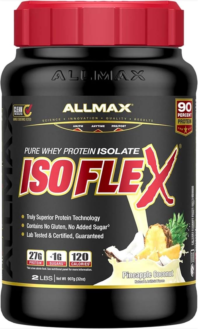 ALLMAX Nutrition ISOFLEX Whey Protein Isolate, Pineapple Coconut - 2 lb - 27 Grams of Protein Per Scoop - Zero Fat & Sugar - 99% Lactose Free - Gluten Free & Soy Free - Approximate 30 Servings