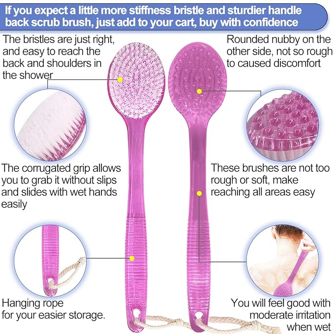 Back Brush for Shower, 14-inch Long Handle Medium Stiff Bristles Bath Scrubber for Men Women Body Exfoliating and Brushing - 2 Packs Pink