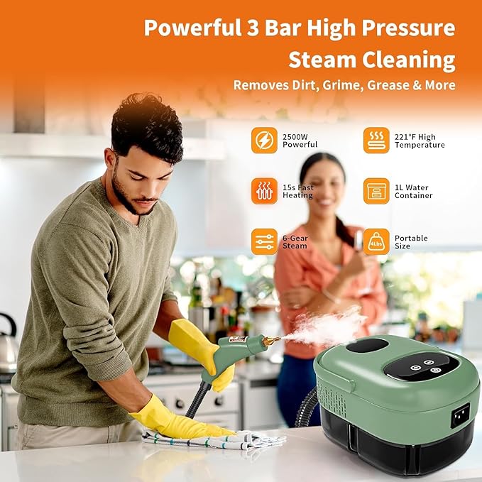 YXQ Handheld Steam Cleaner 2500W High Temperature Pressurized Steam Cleaner 10S Fast Heating with 3 Brush Heads and Extended Rod Portable Steam Cleaning Machine for Kitchen, Bathroom, Tile (Green)