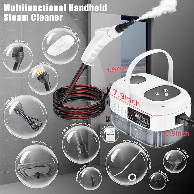 Handheld Steam Cleaner with Touch Screen, Portable Steamer for Cleaning, Hand Held Steamer Cleaner, Pressurized Hand Steam Cleaner for Home Car Detailing Walls Grout Couch Tile Carpet, White