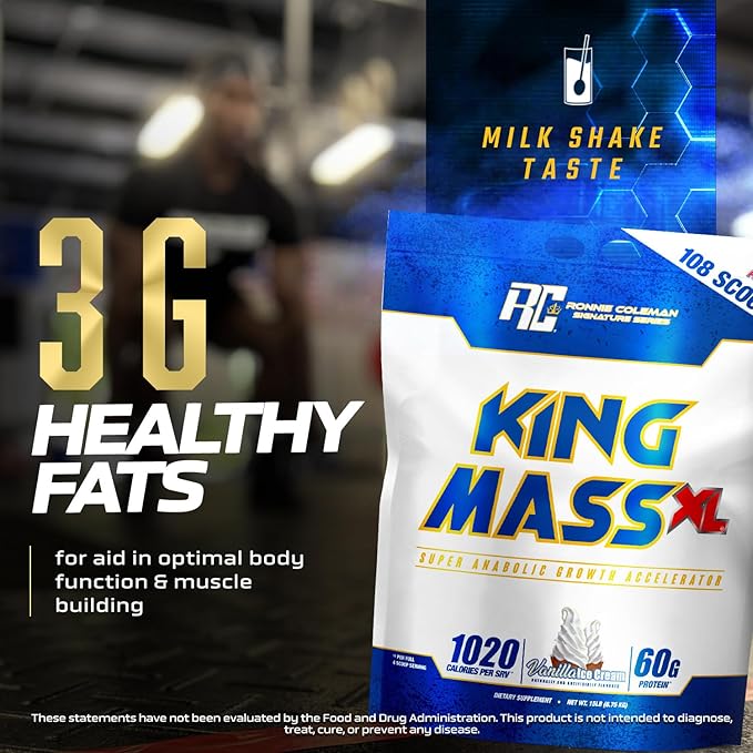 Ronnie Coleman Signature Series King Mass XL Mass Gainer Protein Powder, Muscle Gainer, 60g Protein, 180g Carbohydrates, 1,000+ Calories, Creatine and Glutamine, Vanilla Ice Cream, 15 Pound