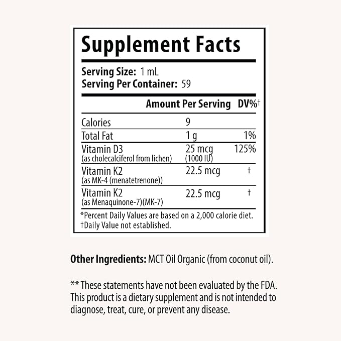 Vitamin D3 + K2 Drops with 1000 IU of Plant Based D3 and 45 mcg of K2, 2 oz Liquid Supplement for Bone Strength, Improved Mood - No Artificial Preservatives, Unflavored, with Coconut MCT Oil