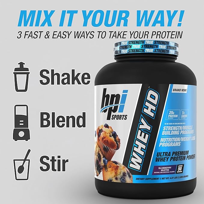 BPI Sports Whey HD Ultra Premium Protein Powder Isolate | Workout Whey Protein Powder for Men & Women for Muscle Gain | Milk Protein Concentrates | Blueberry Muffin, 4.07 Pound