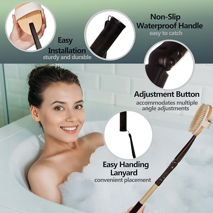 EASACE Long Handle Bath Body Brush & Lotion Applicator for Back Scrubber, Shower Brush with Soft Bristles for Wet or Dry