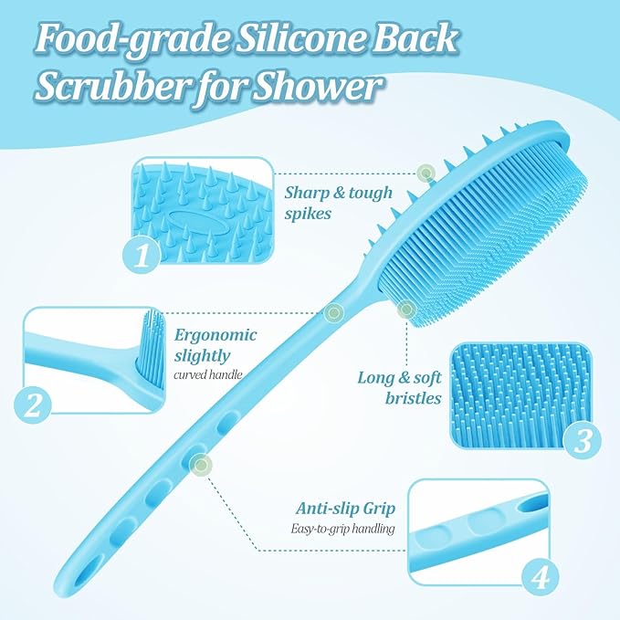 Silicone Back & Body Scrubber Set 2PCS, 13.4'' Gentle Exfoliating Back Scrubber with Dual-Side Head and Non-Slip Handle, Hygienic Silicone Loofah with Soft Bristles and Massage Dots(Blue-2PC)