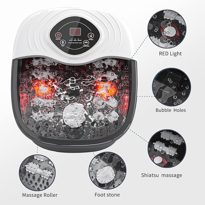 Foot Spa Bath Massager with Tea Tree Oil Foot Soak with Epsom Salt - with Heat, Bubbles and Vibration,Red Light,Medicine Box Digital Temperature Control 8 Acupressure Massage Points