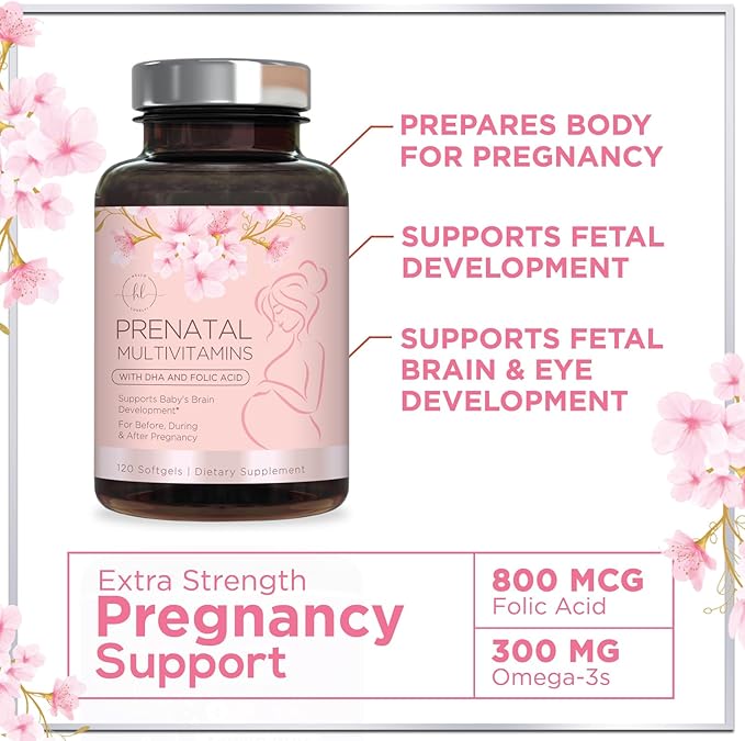 Prenatal Vitamins For Women With Folic Acid, DHA & Iron - Women's Prenatal Multivitamin, Essential Pre Natal Vitamins with Folate, Omega 3, D3, B12, Pregnancy Supplement for Mom & Baby - 120 Softgels