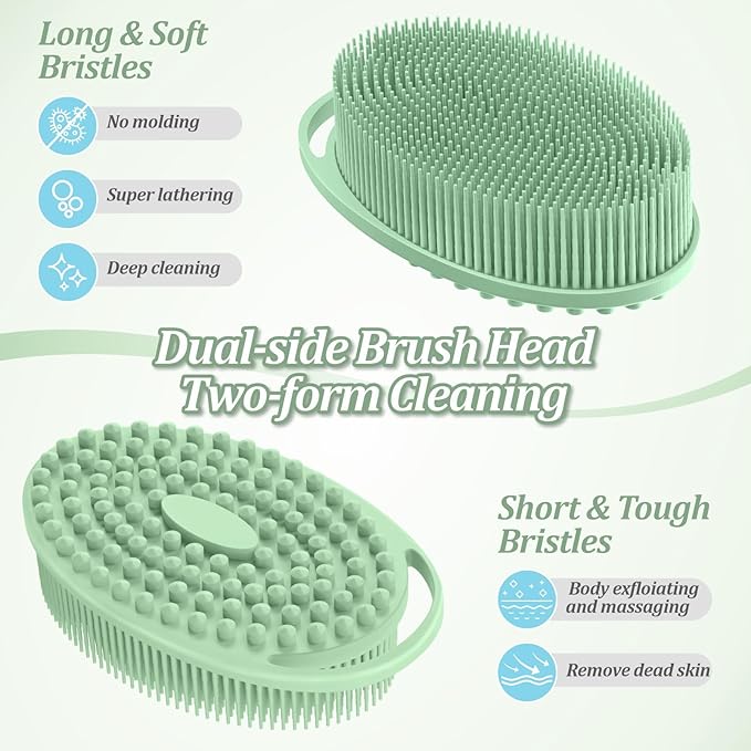 Silicone Back & Body Scrubber Set 2PCS, 13.4'' Gentle Exfoliating Back Scrubber with Dual-Side Head and Non-Slip Handle, Hygienic Silicone Loofah with Soft Bristles and Massage Dots(Green-2PC)
