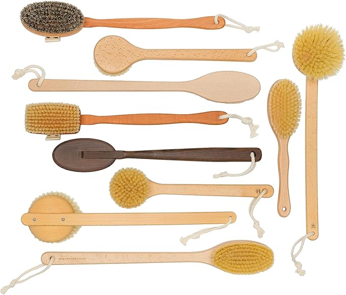 REDECKER Beechwood Bath and Shower Brush - Boar Bristle Back Brush Shower - 17-3/4 inch Handle for Hard-to-Reach Areas - Natural Pig Bristle Fibers Remove Dead Skin - Long Handled Bristle Shower Brush