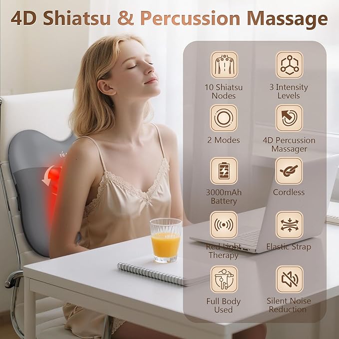 belhope Back Massager with Heat, Shiatsu and Percussion Massage, Cordless Lower Back Massage for Pain Relief Deep Tissue, 4D Neck Massager and Massage Pillow for Shoulder, Grey