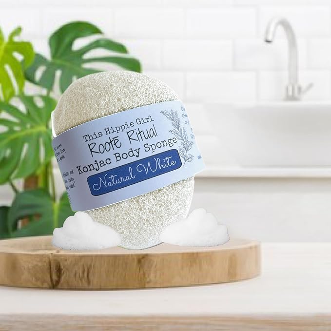 Roote Ritual Konjac Body Sponge – 100% Natural Exfoliating Shower Sponge for Sensitive Skin – Gently Deep Cleanses, Earth-Friendly Loofah, Biodegradable, Vegan – for Women, Men (Natural White)