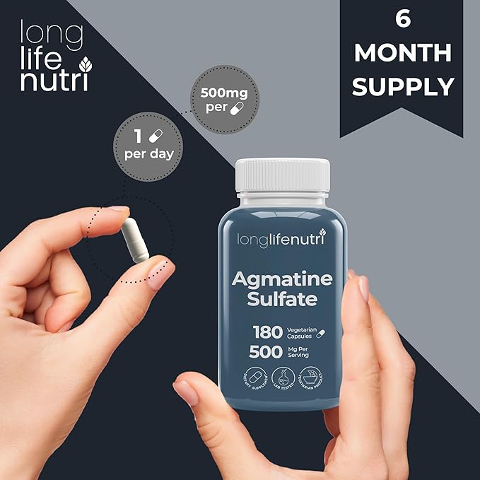 Agmatine Sulfate 500 mg, 180 Vegetarian Capsules (6-Month Supply), Dietary Supplement, Made in USA