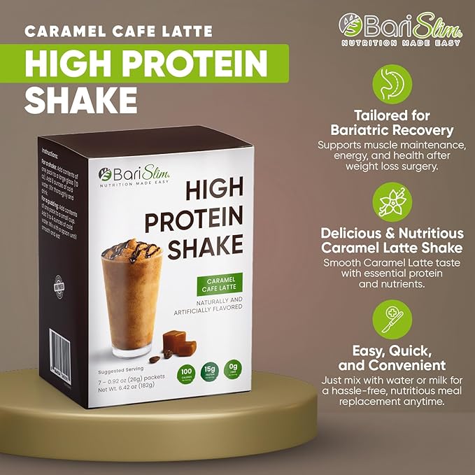 BariSlim High Protein Shake - Delicious & Nutritious Meal Replacement Shake - Low Sugar & Carb - Formulated for Bariatric Patients & Post-Weight Loss Surgery Support | Carmel Caffe Latte (9 oz)