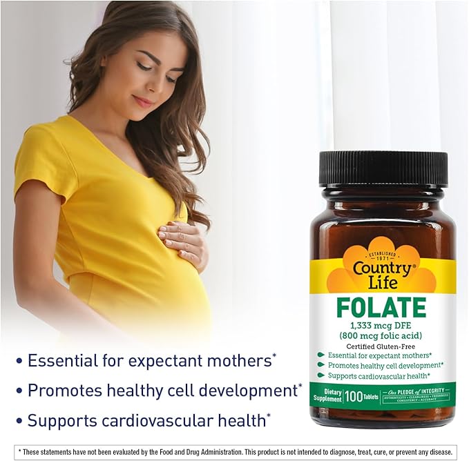 Country Life Folate 800 mcg (Folic Acid), Supports Healthy Cell Development & Heart Health, Prenatal Support for Women, 100 Tablets, Certified Gluten-Free, Vegetarian, Kosher