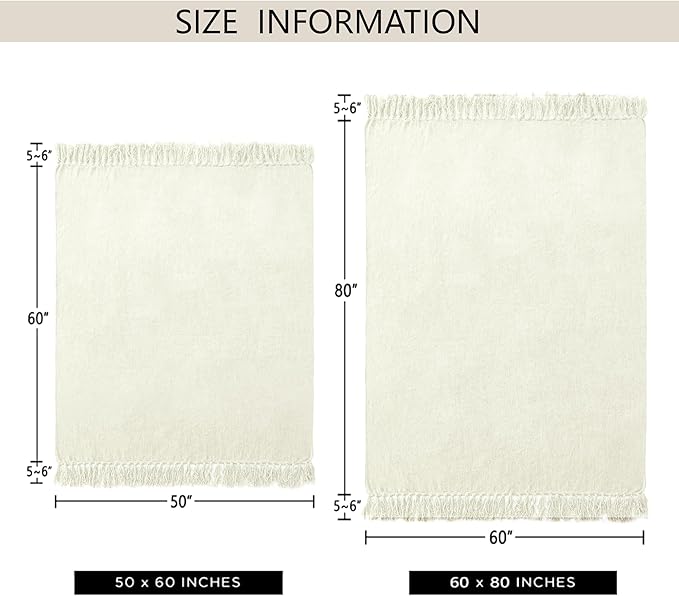 Chenille Throw Blanket for Couch 60"X 80" Twin, Soft Cozy Throws with Fringe Tassel for Bed Sofa Chair Cover, Lightweight Knitted Decorative Boho Blankets for Living Room, Ivory White