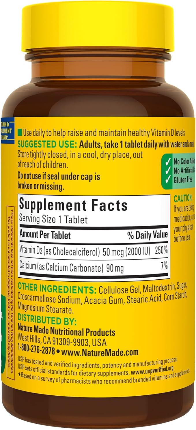 Nature Made Vitamin D3 2000 IU (50 mcg), Vitamin D Supplement for Bone, Teeth, Muscle and Immune Health Support, 100 Tablets, 100 Day Supply