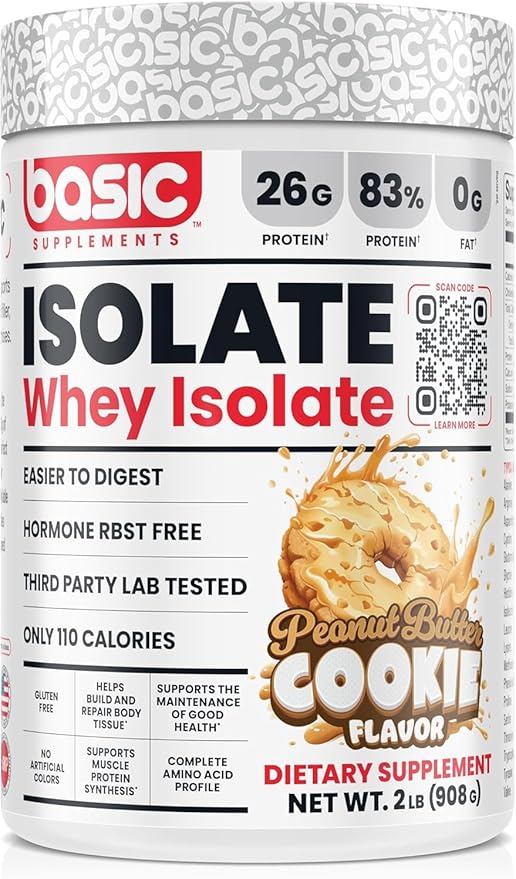 Basic Whey Protein Isolate, 26g Protein, 0g Fat, Gluten-Free, RBST-Free, Rapid Absorption, 110 Calories (2 Pound, Peanut Butter Cookie)