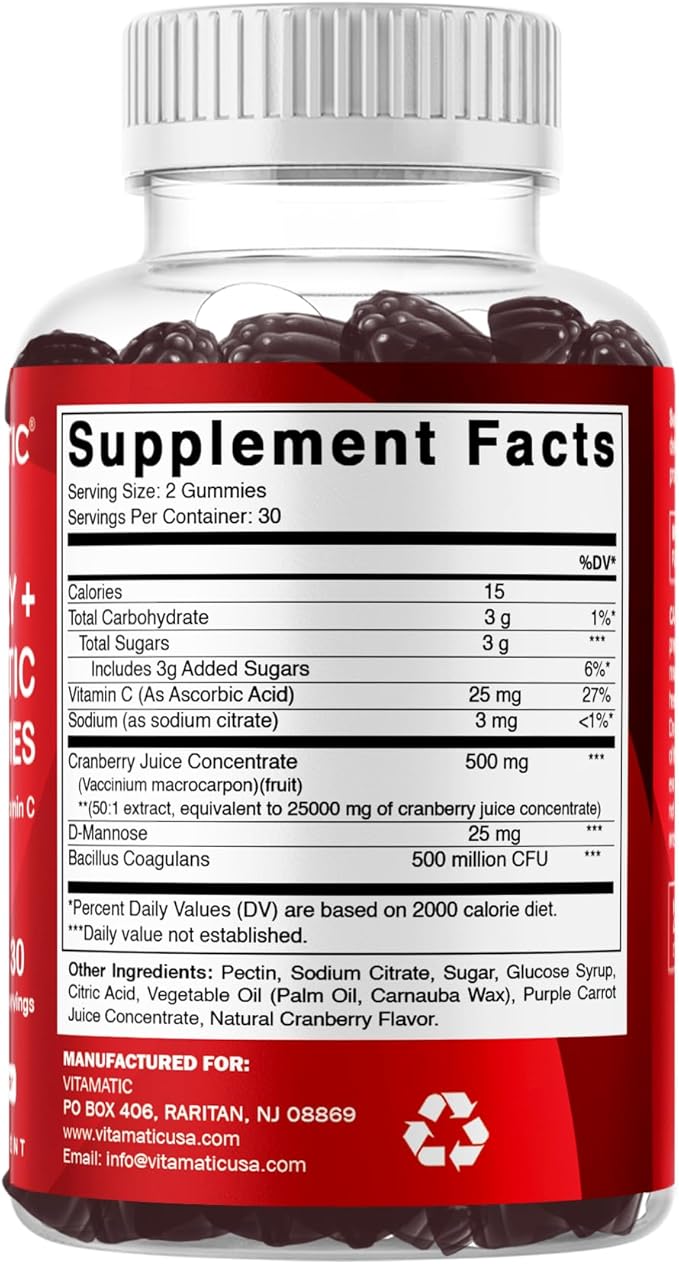 Vitamatic 2 Pack Vegan Cranberry Gummies with D-Mannose, Probiotic & Vitamin C for Women Urinary Tract Health - 25000mg Equivalent Per Serving (from 50:1 Extract 500 mg) - 60 Count