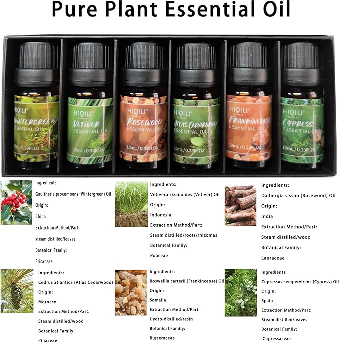 HIQILI Woodsy Fragrance Oil Set for Aromatherapy Diffuser, Ideal for DIY Candles & Perfume Making, Massage Oil - Cedarwood, Wintergreen, Frankincense, Vetiver, Rosewood, Cypress - 6x10ml