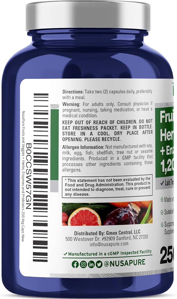 NusaPure Fruits and Veggies Supplement 1200 mg 250 Capsules - 43 Fruits & Vegetables,11 Enzymes, Probiotics (Vegan/Vegetarian, Non-GMO)