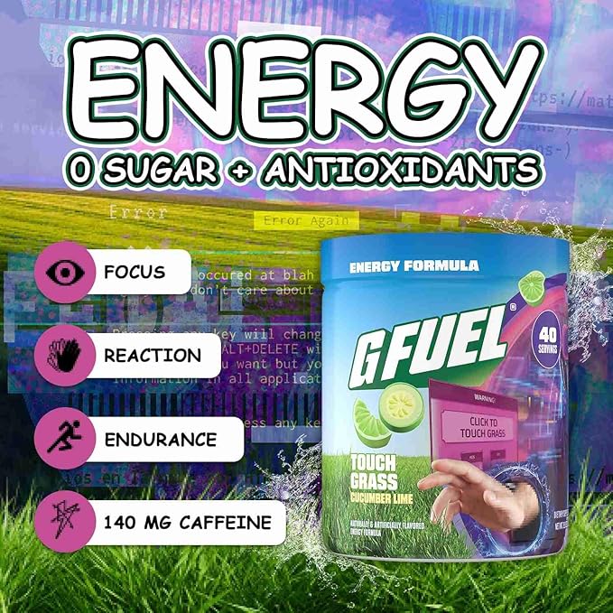 G Fuel Touch Grass Energy Drink Powder, Pre Workout Caffeine Mix for Gaming, Sugar Free Focus Amino, Vitamin + Antioxidants, 9.8oz (Cucumber Lime, 40 Servings)