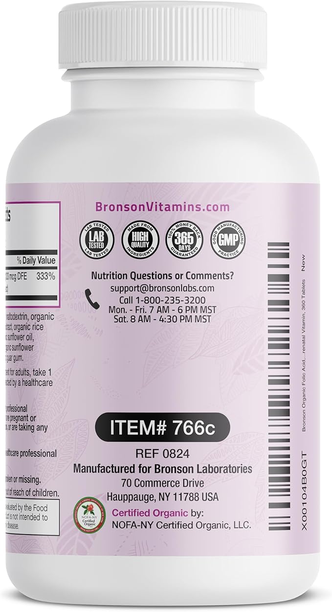 Bronson Organic Folic Acid (Vitamin B9 Folate) 800 mcg Folate from Lemon Peel 360 Tablets