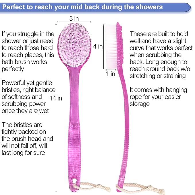 Back Brush for Shower, 14-inch Long Handle Medium Stiff Bristles Bath Scrubber for Men Women Body Exfoliating and Brushing - 2 Packs Pink