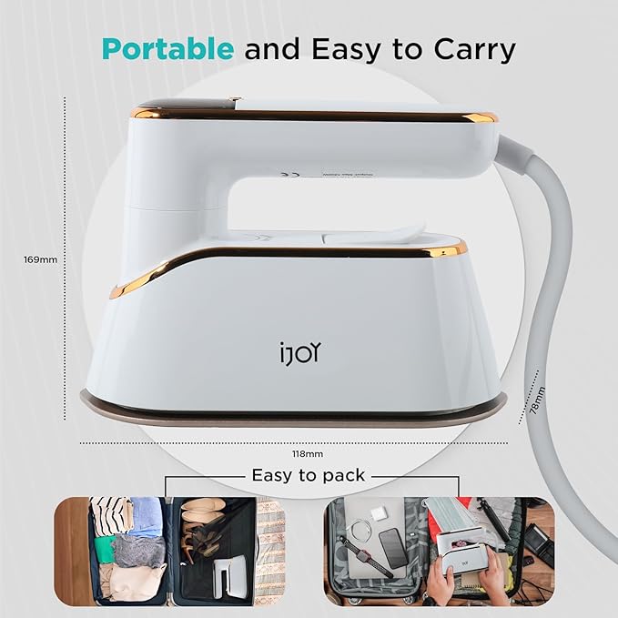 iJoy Travel Steamer Iron 1200W Portable Handheld with 4 Modes & LCD Display – Fast Heating in 10s, 180° Swivel Handle, Powerful Wrinkle Remover for Home, Dorm & Travel (White)