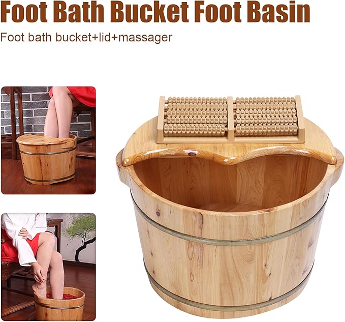 DouSeiAi Wood Foot Tub with Massager, lid and Massage Roller, Solid Wood Handmade Wooden Foot Basin Set for Soaking Feet Spa Foots Care