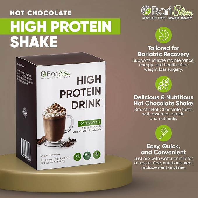BariSlim Bariatric High Protein Drink Mix - Promotes Muscle Recovery & Healthy Lifestyle - Low Sugar & Low Carb - Ideal for Bariatric Patients & Post-Weight Loss Surgery Support | Hot Chocolate (9 oz)