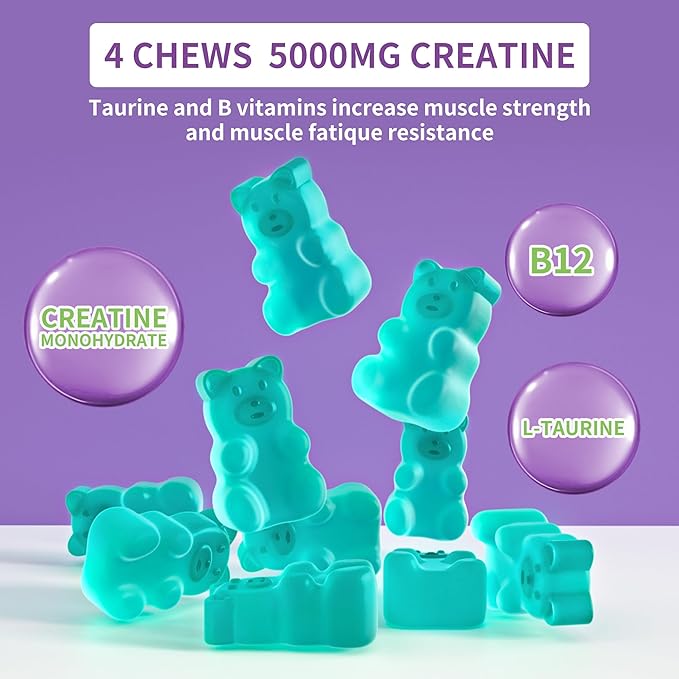 novomins Creatine Monohydrate Gummies 5000mg for Men & Women, Chewables Creatine Monohydrate for Muscle Strength, Muscle Builder, Energy Boost, Pre-Workout Supplement(90 Count)-Blueberry Flavor.