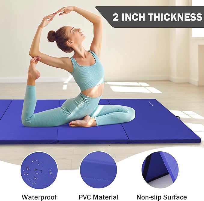Folding Exercise Gymnastics Mat 4'x8'x2" Gym Workout Mat with Carrying Handles High-Density Anti-Tear Portable Fitness Aerobics Mats for Home Gym Yoga Pilates Tumbling MMA Core Training, Multiple Colors