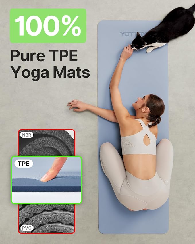 Yoga Mat,Non-Slip TPE Exercise Mat(1/4 Inch) for Pilates, Fitness & Barefoot Workouts, Home Gym Studio with Strap & Bag