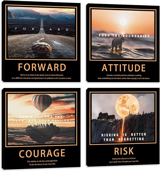 Motivational Quotes Wall Art 4 Pieces Posters Room Decor for Men Canvas Wall Art for Office Inspirational Picture Wall Decor Canvas Wall Painting Prints Home Decoration Framed Artwork 16"x16"x4pcs