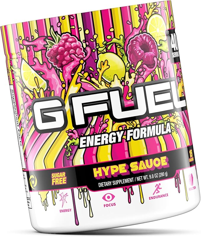 G Fuel Hype Sauce Energy Drink Powder, Pre Workout Caffeine Mix for Gaming, Sugar Free Focus Amino, Vitamin + Antioxidants, 9.9oz (Raspberry Lemonade, 40 Servings)