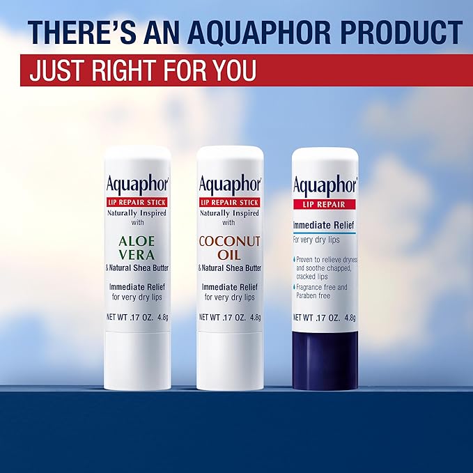 Aquaphor Naturally Inspired Lip Repair Stick with Aloe Vera and Natural Shea Butter, Hydrating Lip Balm Immediately Relieves Dryness and Soothes Chapped Lips, 0.17 Oz Stick, Pack of 3