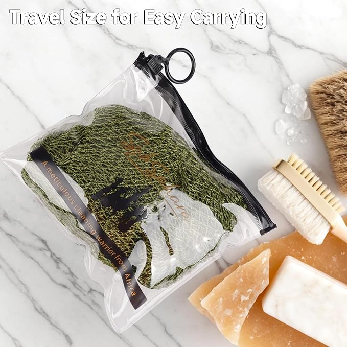SubSahara Authentic African Net Sponge - 2 Pieces Exfoliating Scrubber for All Skin Types, Bath Sponge for Face & Body, Travel Portable, Durable, Gentle Exfoliation (Olive Green & Light Green)