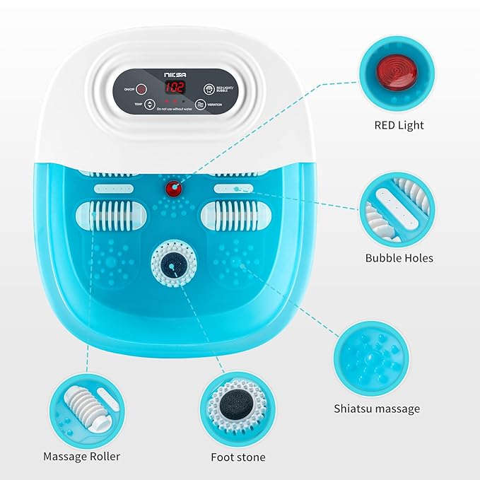 Niksa Foot Spa Bath Massager with Heat, Bubbles, Vibration and Red Light,4 Massage Roller Pedicure Foot Spa Tub for Feet Stress Relief,Foot Soaker with Mini Acupressure Massage Points(Blue)