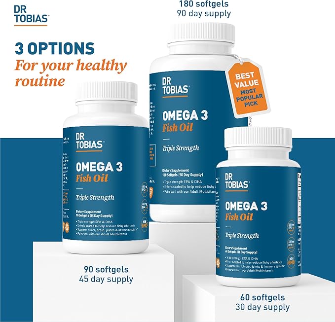 Dr. Tobias Omega 3 Fish Oil, 2000mg Triple Strength with 800mg EPA 600mg DHA Per Serving, Fish Oil Omega 3 Supplements for Heart, Brain & Immune Support, 360 Softgels, 180 Servings