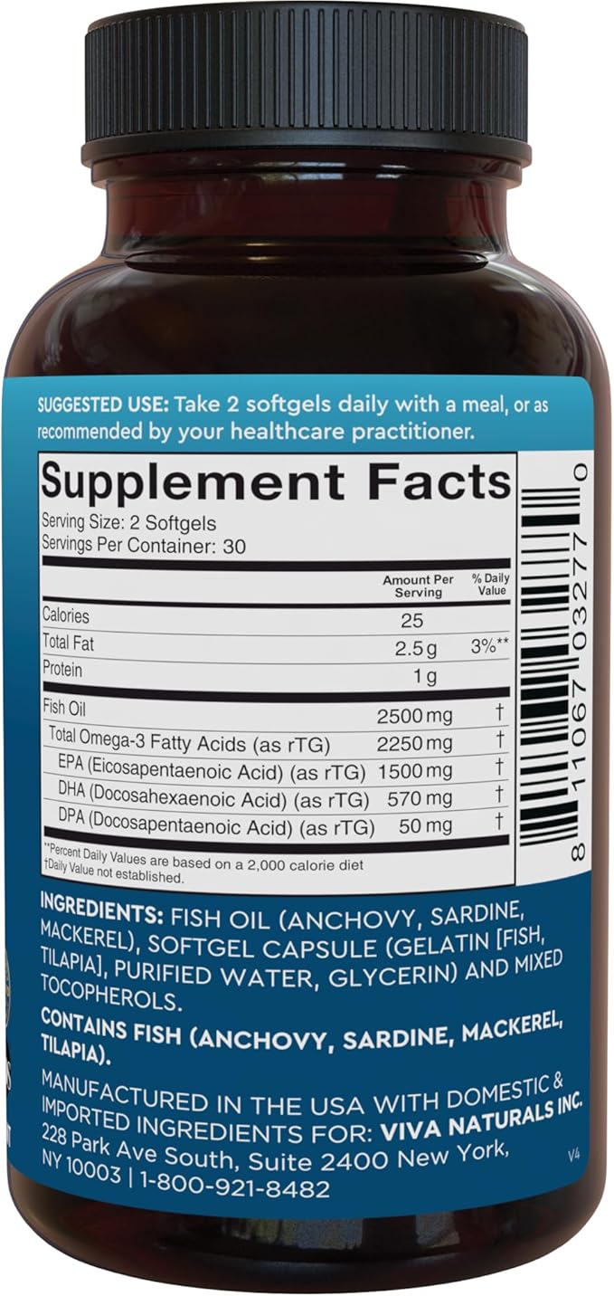 Viva Naturals Triple Strength Omega 3 Fish Oil Supplement - 2500 mg Fish Oil with Re-Esterified Omega 3 Fatty Acids Including EPA, DHA DPA - 60 Pescatarian-Friendly Softgels
