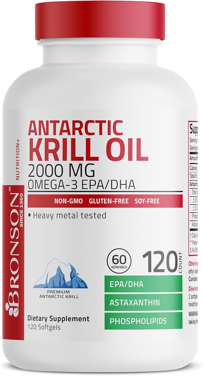 Bronson Antarctic Krill Oil 2000 mg with Omega-3s EPA, DHA, Astaxanthin and Phospholipids 120 Softgels (60 Servings)