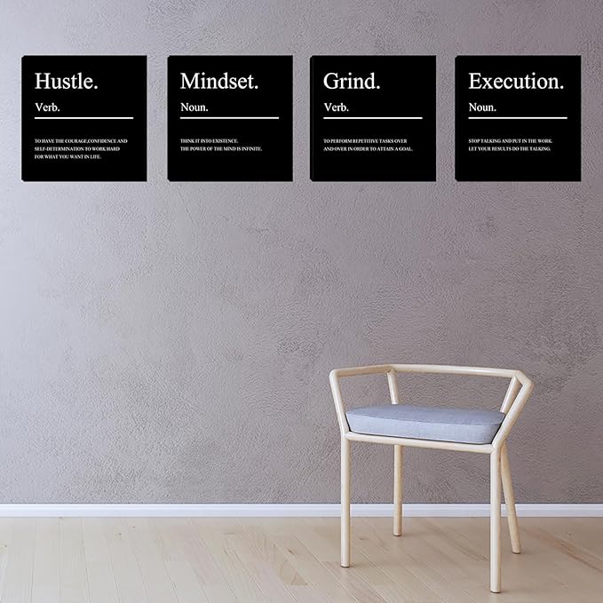 Motivational Office Wall Art Mindset Canvas Wall Art Hustle Posters Wall Decor 4 Pieces Inspirational Quotes Wall Paintings Picture Art Wall Decor for Bedroom Living Room Artwork 16"x16"x4pcs