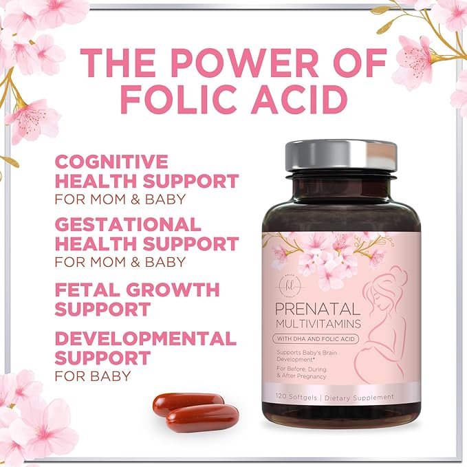 Prenatal Vitamins For Women With Folic Acid, DHA & Iron - Women's Prenatal Multivitamin, Essential Pre Natal Vitamins with Folate, Omega 3, D3, B12, Pregnancy Supplement for Mom & Baby - 120 Softgels