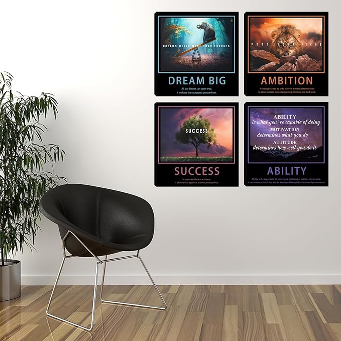 Motivational Wall Decor Art Office Wall Decor Inspirational Wall Art Success Canvas Paintings Quotes Posters Wall Picture 4 Pieces Framed Artwork Living Room Bedroom Home Decoration 12"x12"x4pcs