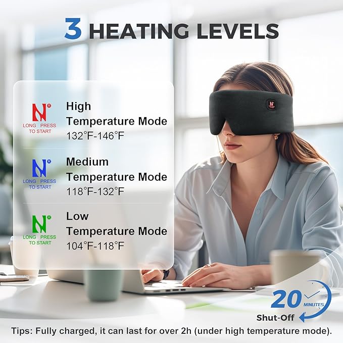 Heated Eye Mask, Cordless Warm Eye Compress for Dry Eyes MGD Stye Blephartitis, 2500mAh Electric Eye Heating Pad for Travel, Gifts for Men Women (Black)