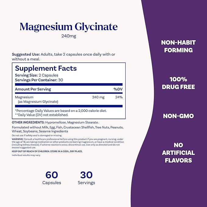Natrol Magnesium Glycinate Supplements 240 mg - High Absorption - Calm Magnesium Glycinate for Sleep - 60 Capsules, 30 Day Supply