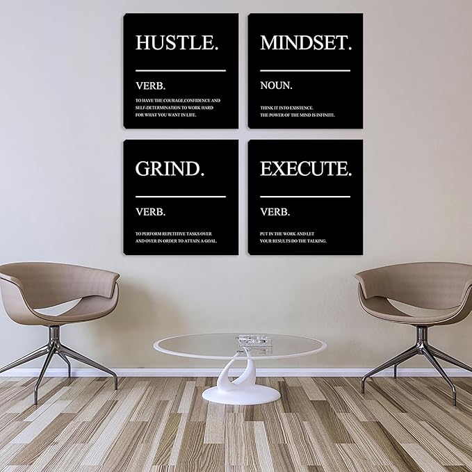 Inspirational Canvas Wall Art Quotes Motivational Hustle Wall Decor Office Print Pictures for Men Wall Decor Poster Framed Artwork Home Decor Ready to Hang 20"x20"x4pcs